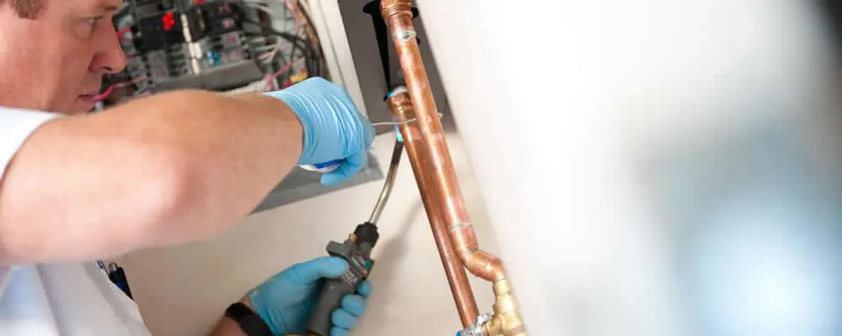 Water heater repair technician testing copper pipe connections and controls in Royal Oak, MI